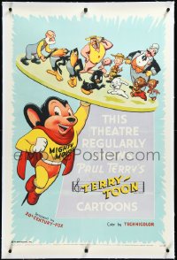3j1145 THIS THEATER REGULARLY SHOWS PAUL TERRY'S TERRY-TOON CARTOONS linen 1sh 1955 Mighty Mouse!
