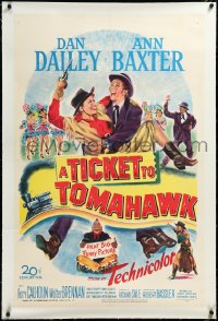 3j1147 TICKET TO TOMAHAWK linen 1sh 1950 great art of wacky Dan Dailey & pretty cowgirl Ann Baxter!