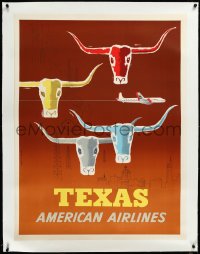 3j0762 AMERICAN AIRLINES TEXAS linen 30x40 travel poster 1953 Glanzman art of steers & oil field!