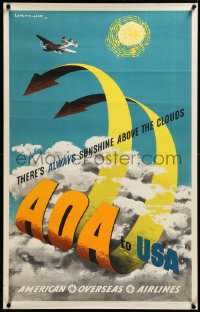 3j0208 AMERICAN OVERSEAS AIRLINES 24x38 English travel poster 1948 Lewitt-Him art of plane & clouds!