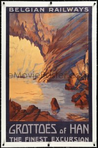 3j0768 GROTTOES OF HAN linen 25x38 Belgian travel poster 1920s great Julien Lacaze art, ultra rare!