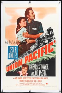 3j1154 UNION PACIFIC linen 1sh R1958 Cecil B. DeMille, Barbara Stanwyck, Joel McCrea & train art!