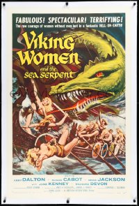 3j1155 VIKING WOMEN & THE SEA SERPENT linen 1sh 1958 art of sexy female warriors attacked on ship!