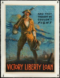 3j0824 AND THEY THOUGHT WE COULDN'T FIGHT linen 31x41 WWI war poster 1917 art by Clyde Forsythe!
