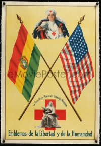 3j0832 EMBLEMS OF LIBERTY & HUMANITY linen 21x31 WWI war poster 1917 Red Cross & Bolivia, very rare!