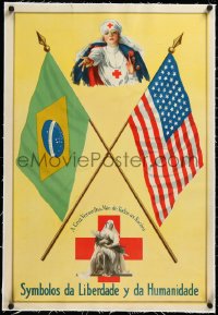 3j0833 EMBLEMS OF LIBERTY & HUMANITY linen 21x31 WWI war poster 1917 Red Cross & Brazil, very rare!