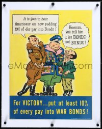 3j0838 FOR VICTORY... linen 17x22 WWII war poster 1942 cartoon art of Hitler, put 10% into war bonds!