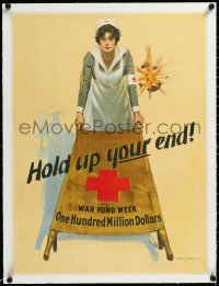 3j0842 HOLD UP YOUR END linen 20x28 WWI war poster 1917 King art of Red Cross nurse w/stretcher, rare!