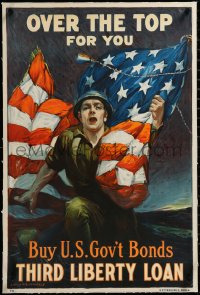 3j0846 OVER THE TOP FOR YOU linen 20x30 WWI war poster 1918 patriotic art by Sidney H. Riesenberg!