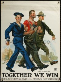 3j0851 TOGETHER WE WIN linen 29x39 WWI war poster 1917 Flagg art of worker w/ sailor & Marine, rare!