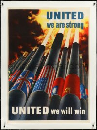 3j0852 UNITED WE ARE STRONG linen 29x39 WWII war poster 1943 Koerner art of cannons firing together!