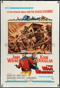 3j1159 WAR WAGON linen 1sh 1967 cowboys John Wayne & Kirk Douglas, western armored stagecoach art!