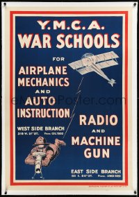 3j0853 YMCA WAR SCHOOLS linen 28x41 WWI war poster 1910s for airplane mechanics, radio & machine gun!