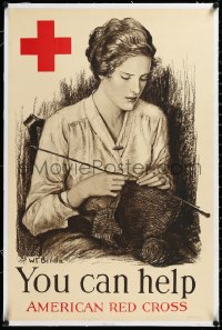 3j0854 YOU CAN HELP AMERICAN RED CROSS linen 20x31 WWI war poster 1918 Benda knitting woman art, rare!