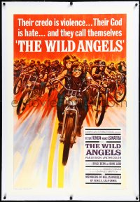 3j1163 WILD ANGELS linen 1sh 1966 classic art of biker Peter Fonda & sexy Nancy Sinatra on motorcycle!