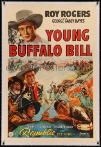 3j1172 YOUNG BUFFALO BILL linen 1sh 1940 cool art of Roy Rogers, Gabby Hayes & Chief Thundercloud!