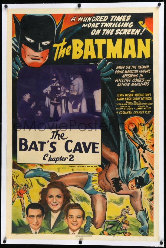 : 3j0872 BATMAN linen chapter 2 1sh 1943 the 1st movie  ever, cool comic art, both in inset, ultra...