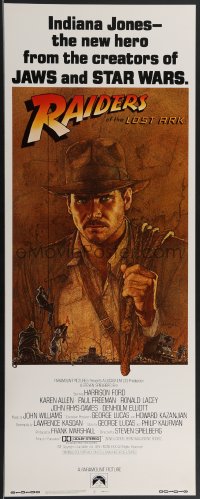 3m1110 RAIDERS OF THE LOST ARK int'l insert 1981 art of adventurer Harrison Ford by Richard Amsel!