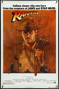 3m0945 RAIDERS OF THE LOST ARK 1sh 1981 great art of adventurer Harrison Ford by Richard Amsel