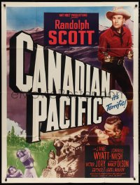 3p0145 CANADIAN PACIFIC 2sh R1954 cowboy Randolph Scott, Jane Wyatt, cool train art, ultra rare!