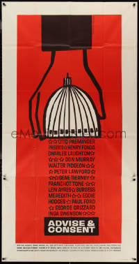 3p0341 ADVISE & CONSENT 3sh 1962 Otto Preminger, Saul Bass art of giant hand holding capitol dome!