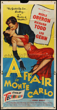 3p0342 AFFAIR IN MONTE CARLO 3sh 1953 full-length sexy Merle Oberon embraced by Richard Todd!
