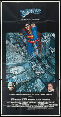 3p0366 SUPERMAN 3sh 1978 photographic image of Christopher Reeve flying over city, Hackman, Brando!