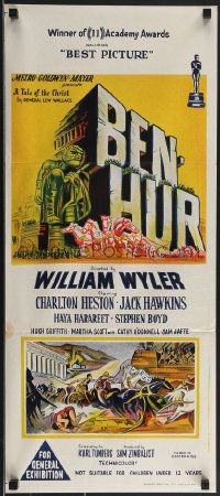 3p0485 BEN-HUR Aust daybill 1960 Charlton Heston, William Wyler classic epic, cool chariot & title art!