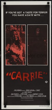 3p0497 CARRIE Aust daybill R80s Stephen King, Spacek before and after her bloodbath at the prom!