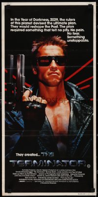 3p0605 TERMINATOR Aust daybill 1984 super close up of classic cyborg Arnold Schwarzenegger w/gun!