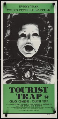 3p0612 TOURIST TRAP Aust daybill 1979 Charles Band, wacky horror image of masked woman with camera!