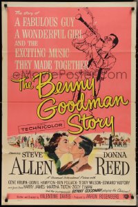 3p0653 BENNY GOODMAN STORY 1sh 1956 Steve Allen as Goodman, Donna Reed, Gene Krupa, Brown art!