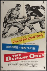 3p0689 DEFIANT ONES 1sh 1958 art of escaped cons Tony Curtis & Sidney Poitier chained together!