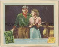 3p1108 AFRICAN QUEEN LC #3 1952 Humphrey Bogart & Katharine Hepburn on boat drenched in the rain!