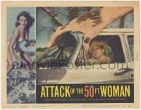 3p1116 ATTACK OF THE 50 FT WOMAN LC #6 1958 special FX image of enormous hand grabbing sheriff car!