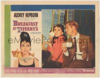3p1135 BREAKFAST AT TIFFANY'S LC #7 1961 Audrey Hepburn & George Peppard drinking coffee & smoking!