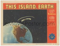 3p1339 THIS ISLAND EARTH LC #5 1955 cool image of alien flying saucer in space hovering over Earth!