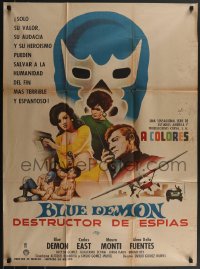 3p0242 BLUE DEMON DESTRUCTOR DE ESPIAS Mexican poster 1968 Mendoza artwork, masked wrestler!