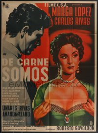 3p0244 DE CARNE SOMOS Mexican poster 1955 artwork of sexy Marga Lopez pulling her shirt open!