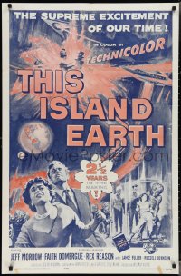 3p0957 THIS ISLAND EARTH 1sh R1964 close up of Jeff Morrow, Faith Domergue & Rex Reason!