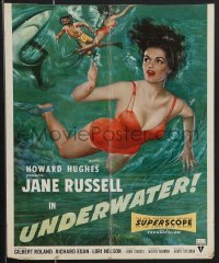 3p0053 UNDERWATER WC 1955 Howard Hughes, sexiest art of skin diver Jane Russell in red swimsuit!
