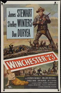 3p0984 WINCHESTER '73 1sh R1958 art of James Stewart with rifle standing over Shelley Winters!
