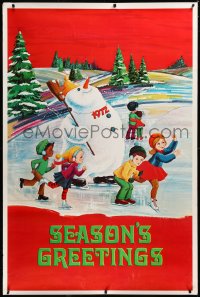 3r0119 SEASON'S GREETINGS 40x60 1972 wonderful artwork of kids ice skating with snowman!
