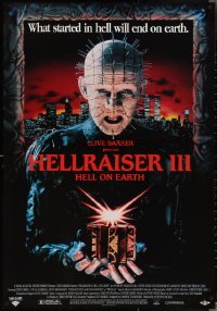 3r0573 HELLRAISER III: HELL ON EARTH 27x39 video poster 1992 Clive Barker, Pinhead holding cube!