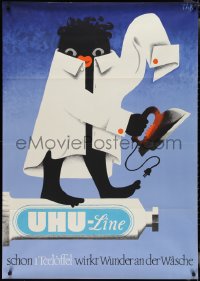 3r0078 UHU-LINE 33x47 German advertising poster 1953 Theo Ballmer art of a person w/iron on tube!