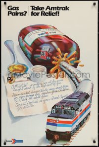 3r0601 AMTRAK 24x36 travel poster 1970s trains are a soothing cure-all for gas pains, ultra rare!