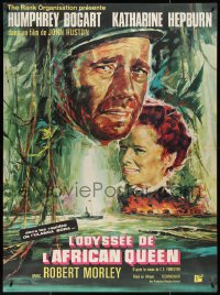 3t0019 AFRICAN QUEEN French 1p R1960s colorful montage art of Humphrey Bogart & Katharine Hepburn!