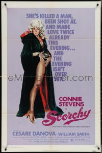 3t1004 SCORCHY 1sh 1976 full-length art of sexiest barely-dressed Connie Stevens in black cape!