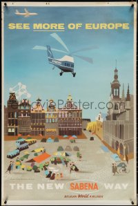 3w0003 SABENA EUROPE 28x42 Belgian travel poster 1958 art of airplane, helicopter over Grand Place!