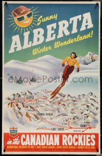 3w0193 SUNNY ALBERTA WINTER WONDERLAND 24x38 travel poster 1952 woman skiing with map in background!
